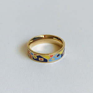 Narrow enamel ring with houses pattern
