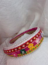 Load image into Gallery viewer, Headband - Narrow Red with flowers and pearls, modern headpiece, handmade