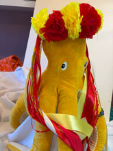 Load image into Gallery viewer, Headband - Red and Yellow flowers with wide ribbons, modern headpiece, handmade