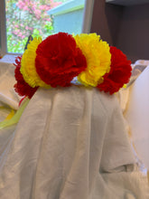 Load image into Gallery viewer, Headband - Red and Yellow flowers with wide ribbons, modern headpiece, handmade