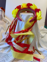 Load image into Gallery viewer, Headband - Red and Yellow flowers with wide ribbons, modern headpiece, handmade