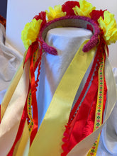 Load image into Gallery viewer, Headband - Red and Yellow flowers with wide ribbons, modern headpiece, handmade