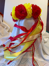 Load image into Gallery viewer, Headband - Red and Yellow flowers with wide ribbons, modern headpiece, handmade