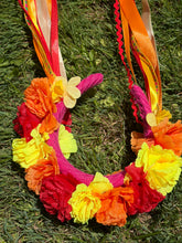 Load image into Gallery viewer, Headband - Red, Yellow and Orange flowers with ribbons, modern headpiece, handmade