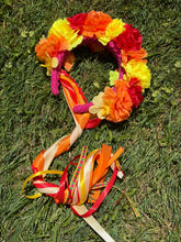 Load image into Gallery viewer, Headband - Red, Yellow and Orange flowers with ribbons, modern headpiece, handmade