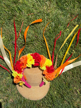 Load image into Gallery viewer, Headband - Red, Yellow and Orange flowers with ribbons, modern headpiece, handmade