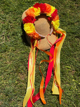 Load image into Gallery viewer, Headband - Red, Yellow and Orange flowers with wide ribbons, modern headpiece, handmade