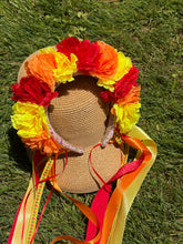 Load image into Gallery viewer, Headband - Red, Yellow and Orange flowers with wide ribbons, modern headpiece, handmade