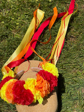 Load image into Gallery viewer, Headband - Red, Yellow and Orange flowers with wide ribbons, modern headpiece, handmade