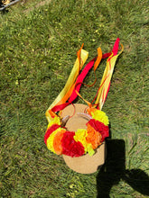 Load image into Gallery viewer, Headband - Red, Yellow and Orange flowers with wide ribbons, modern headpiece, handmade