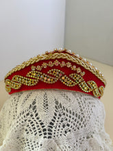 Load image into Gallery viewer, Headband - Red tiara with gold crystals and pearls, modern headpiece, handmade