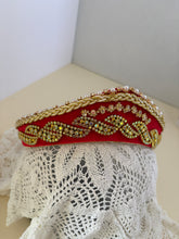 Load image into Gallery viewer, Headband - Red tiara with gold crystals and pearls, modern headpiece, handmade