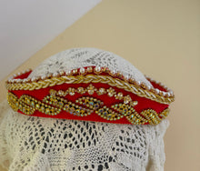 Load image into Gallery viewer, Headband - Red tiara with gold crystals and pearls, modern headpiece, handmade