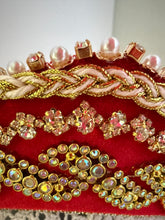 Load image into Gallery viewer, Headband - Red tiara with gold crystals and pearls, modern headpiece, handmade