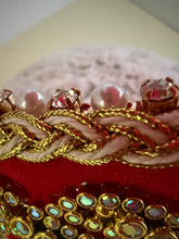 Load image into Gallery viewer, Headband - Red tiara with gold crystals and pearls, modern headpiece, handmade