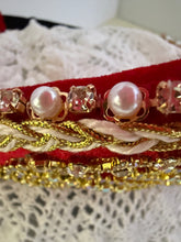 Load image into Gallery viewer, Headband - Red tiara with gold crystals and pearls, modern headpiece, handmade