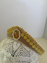 Load image into Gallery viewer, Headband - Beige tiara with medallion, crystals and pearls, modern headpiece, handmade