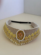 Load image into Gallery viewer, Headband - Beige tiara with medallion, crystals and pearls, modern headpiece, handmade
