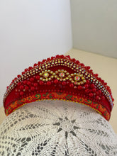 Load image into Gallery viewer, Headband - Red tiara with 3 golden crystals, modern headpiece, handmade