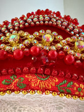 Load image into Gallery viewer, Headband - Red tiara with 3 golden crystals, modern headpiece, handmade