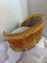Load image into Gallery viewer, Kokoshnik, orange with golden chain ornament - modern headpiece, handmade