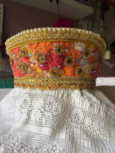 Load image into Gallery viewer, Kokoshnik, orange with golden crystals an pearls - modern headpiece, handmade