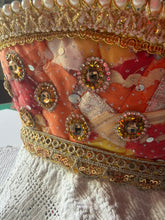 Load image into Gallery viewer, Kokoshnik, orange with golden crystals an pearls - modern headpiece, handmade