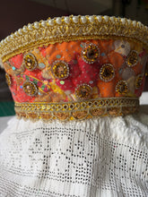 Load image into Gallery viewer, Kokoshnik, orange with golden crystals an pearls - modern headpiece, handmade