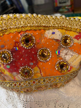 Load image into Gallery viewer, Kokoshnik, orange with golden crystals an pearls - modern headpiece, handmade
