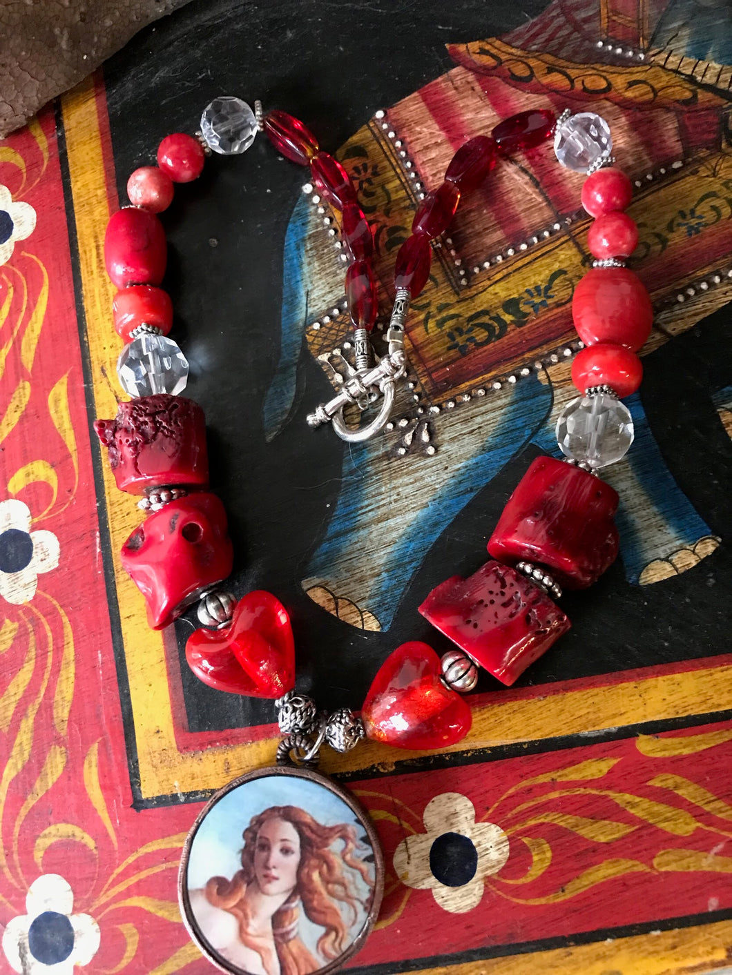 Red corals and glass necklace