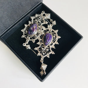Silver filigree earrings with charoite