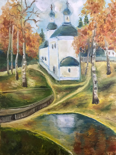 View with a church, oil on canvas