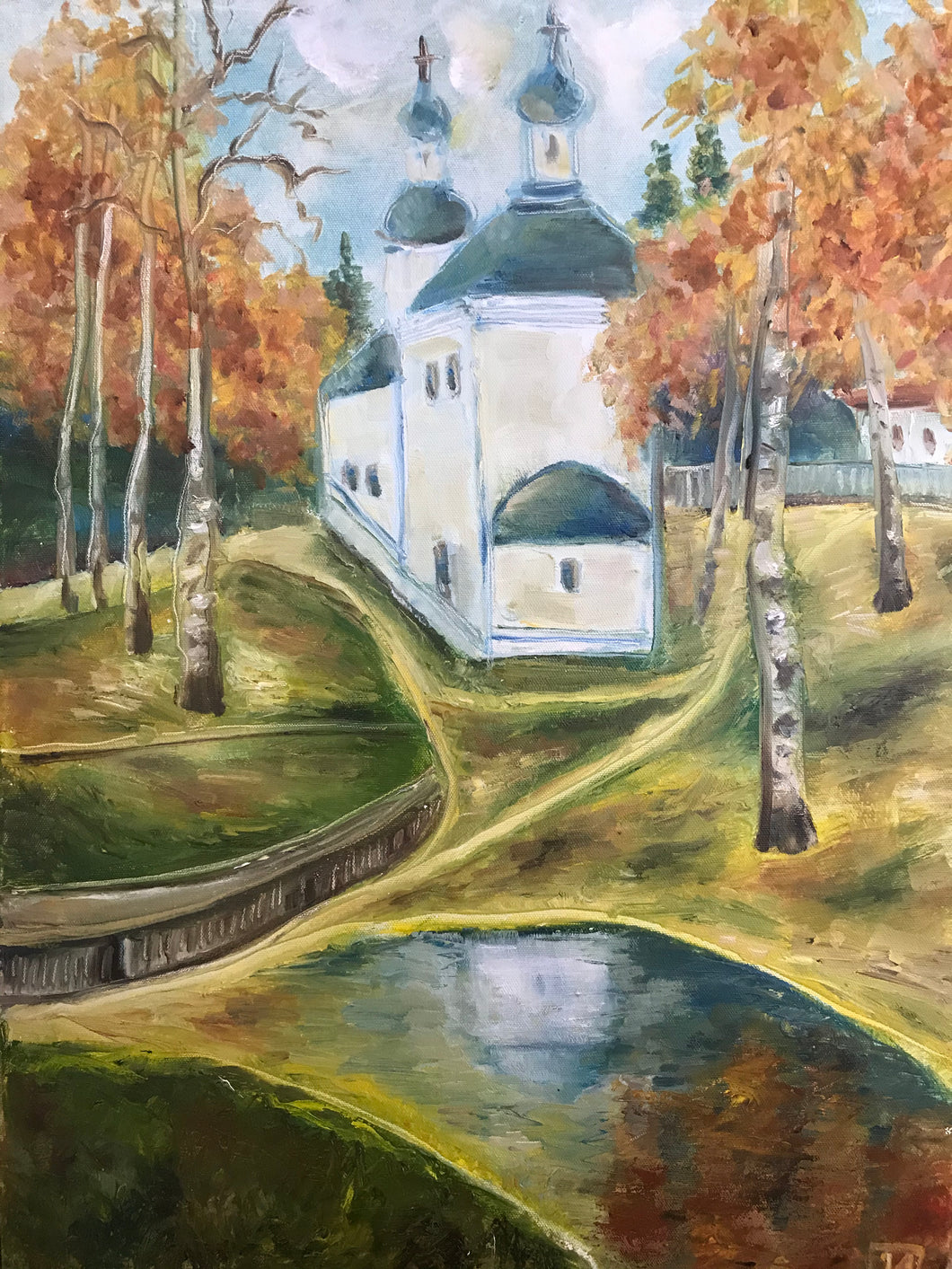 View with a church, oil on canvas