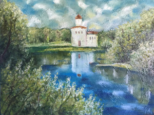 Church on the riverbank, oil on canvas