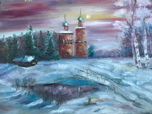 Winter sunset, oil on canvas