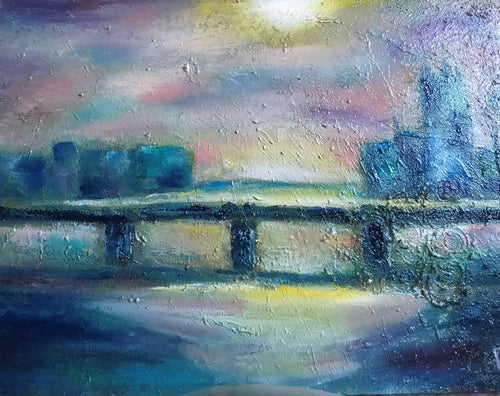 Bridge in moonlight, oil on canvas