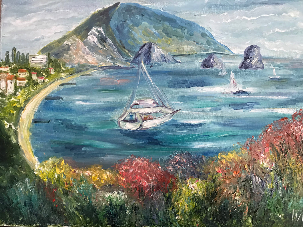 Sea bay with boat, canvas, oil
