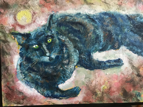Cat and the moon, oil on canvas
