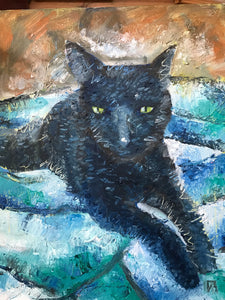 Blue cat with yellow eyes, oil on canvas