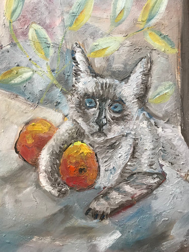 Cat with peaches, oil on canvas