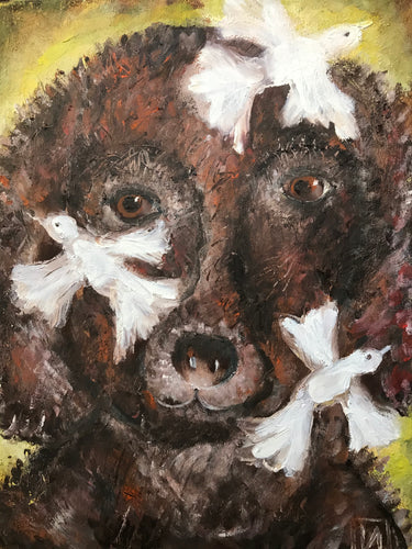 Dog with birds, oil on canvas