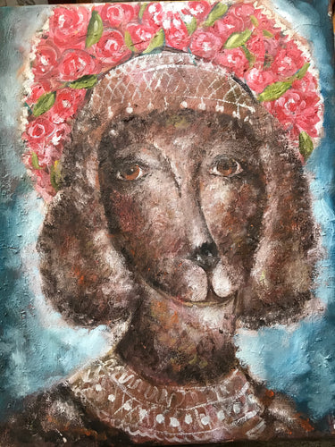 Dog in Russian head piece, oil on canvas